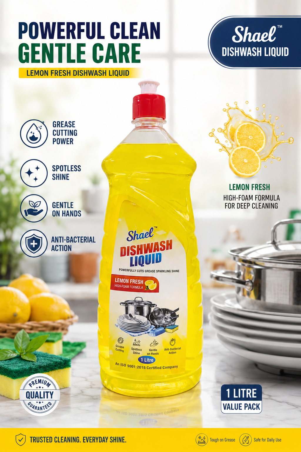 Lemon Dishwash Liquid 1 Litre | Grease-Cutting Dishwashing Liquid for Utensils, Plates, Pots & Pans