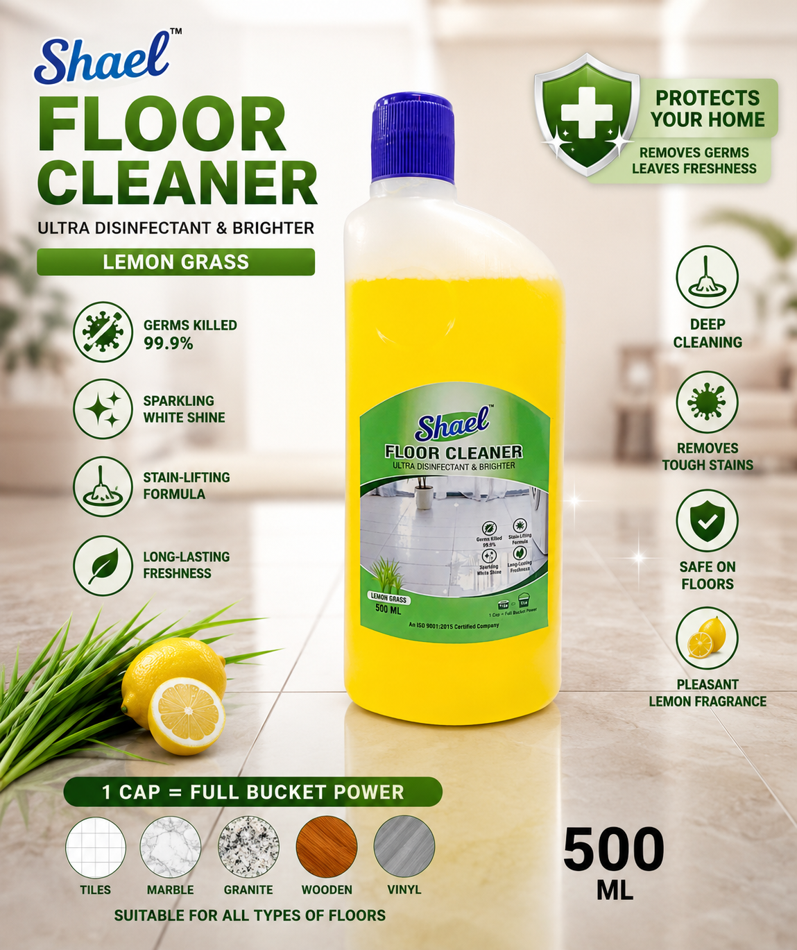 Lemon Floor Cleaner 500ml | Fresh Citrus Disinfectant for Tiles, Marble & Daily Home Use | Streak-Free Shine