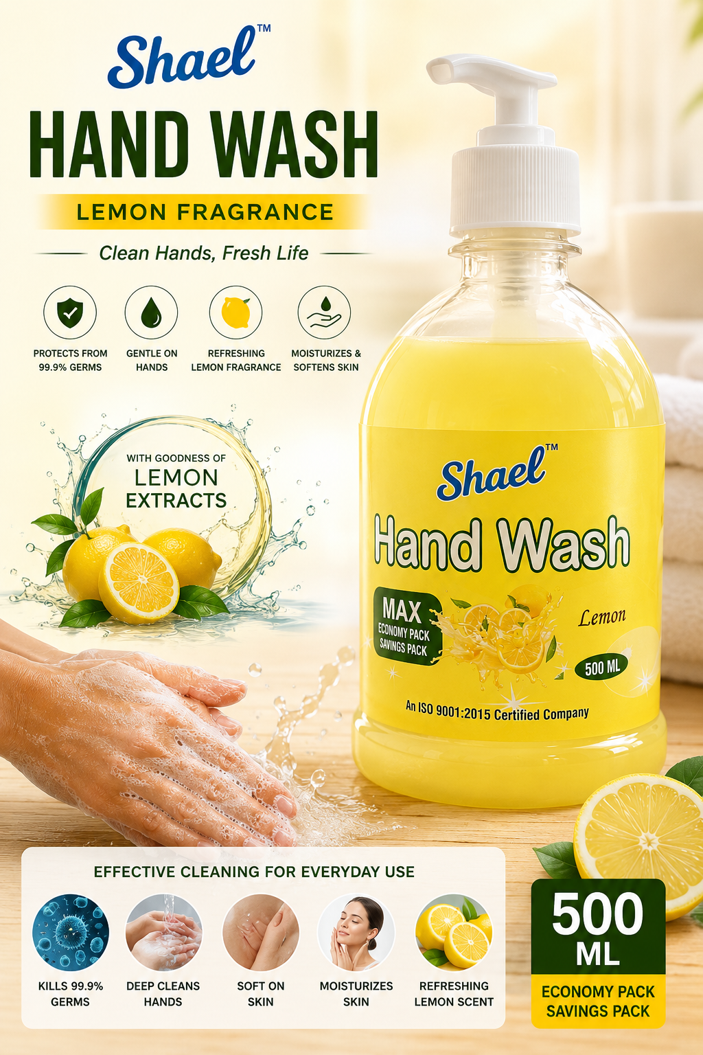 Lemon Handwash 500ml | Fresh Citrus Liquid Hand Wash with Germ Protection | Moisturizing & Skin-Friendly Fresh Citrus Liquid Hand Soap for Kitchen & Bathroom