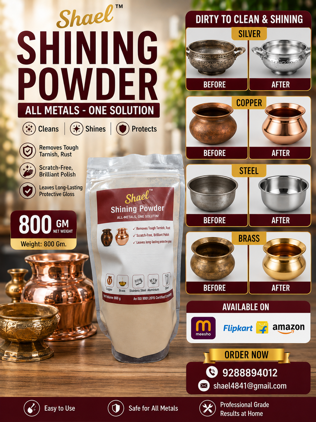 Shining Powder 800 Gram | Family Value Pack Metal Polish for Brass, Copper, Steel, Silver & Aluminum Utensils