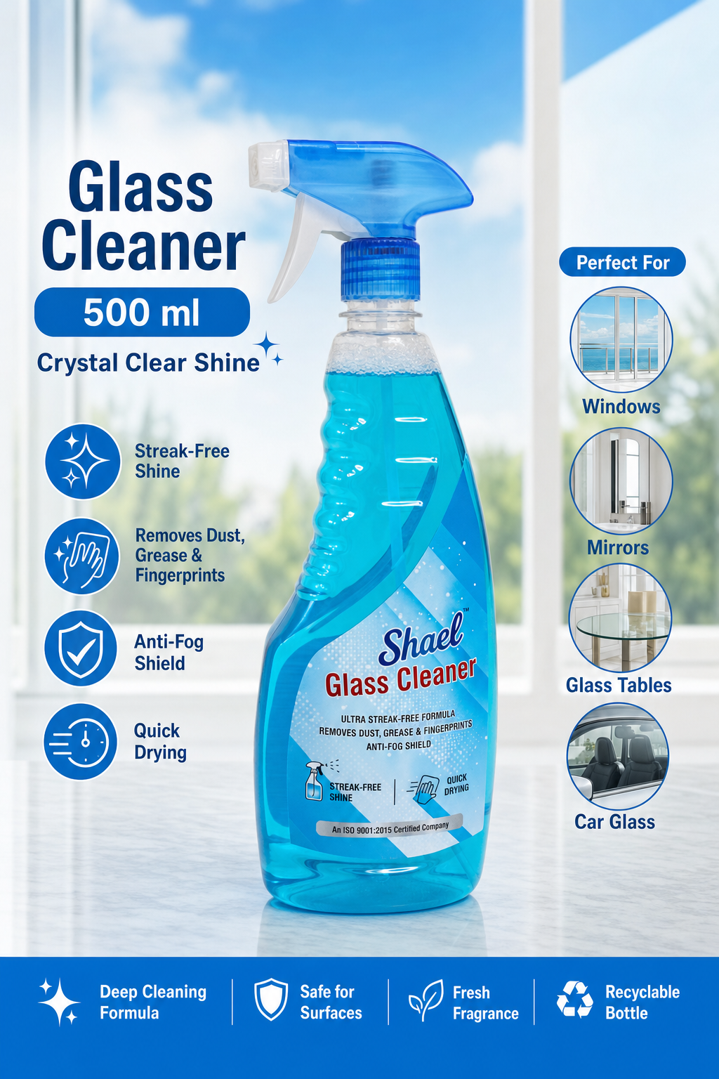 Glass Cleaner 500ml – Streak-Free Liquid for Windows, Mirrors & Multi-Surface Glass