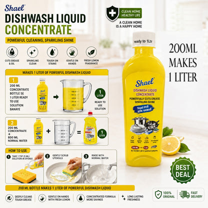 Dishwash Liquid Concentrate Lemon 200ml – Makes 1 Litre – Lemon Grease-Cutting Formula for Sparkling Clean Utensils | Antibacterial & Gentle on Hands Dishwashing Gel